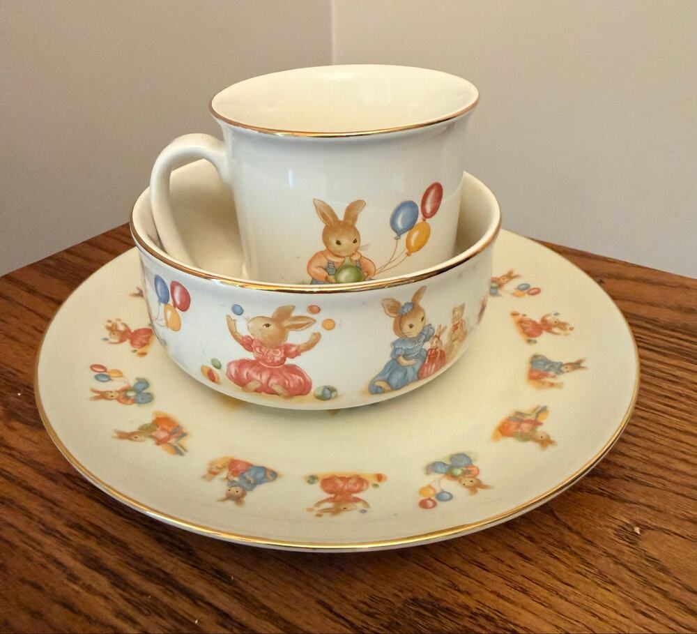 vintage Mount Clemens Pottery "Li'l Bunny" child's meal set plate, bowl,  mug.